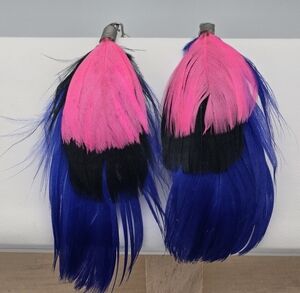 Neon Pink & Royal Blue Tri-Color Feather Statement Earrings Festival Native